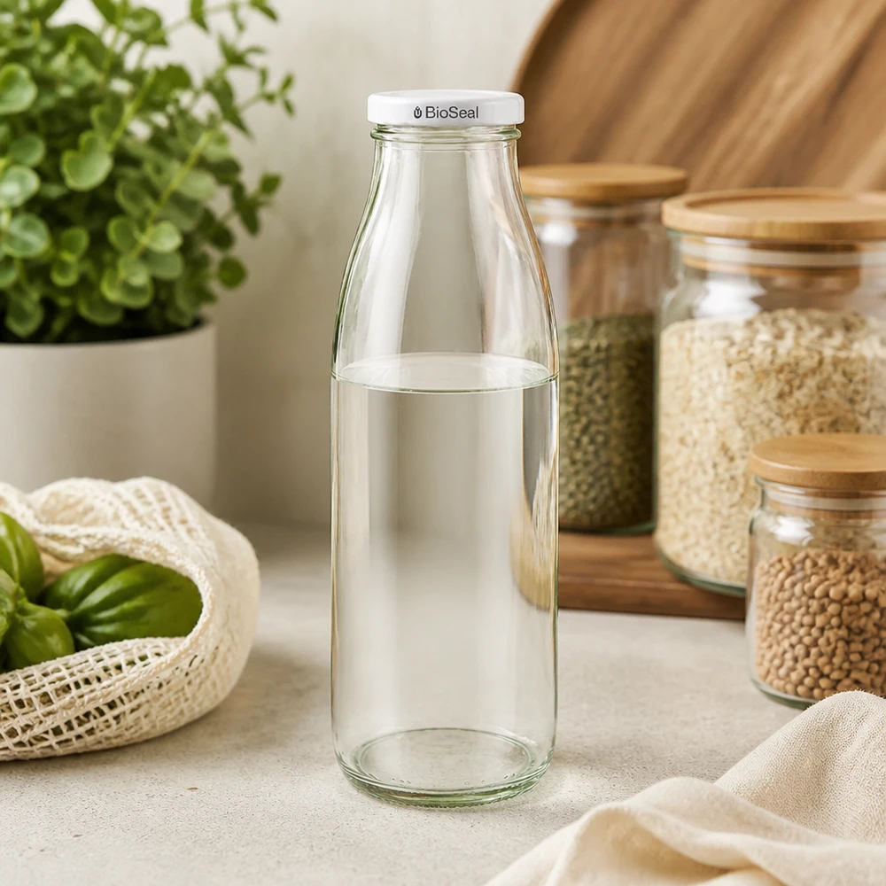 500ml Bouteille avec couvercle BioSeal blanc UNiTWIST 500ml Glasflasche leer mit weißem BioSeal Deckel in nachhaltiger Küche zwischen Vorratsgläsern und Bio-Gemüse