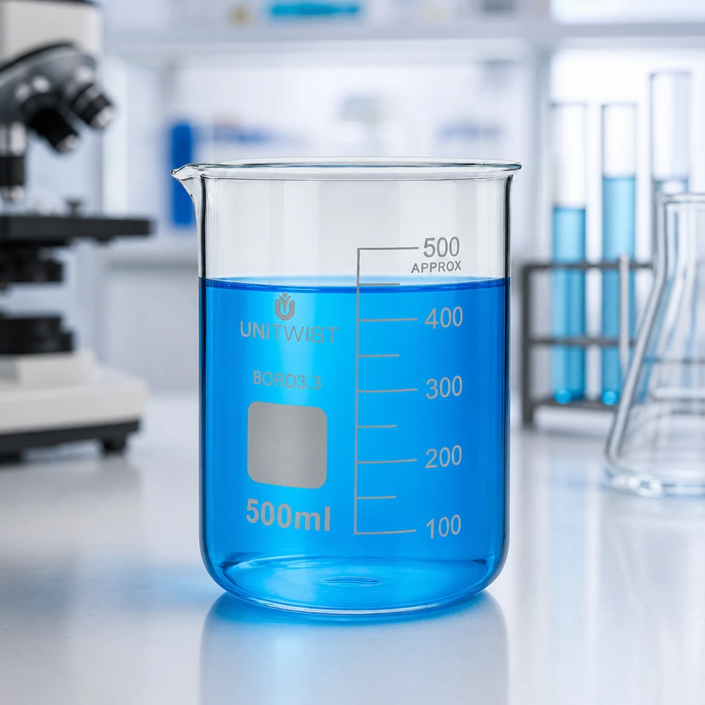 Bécher 500ml borosilicate, forme basse UNiTWIST UNiTWIST, bécher de 500 ml en verre borosilicaté résistant à la chaleur, avec zone inscriptible