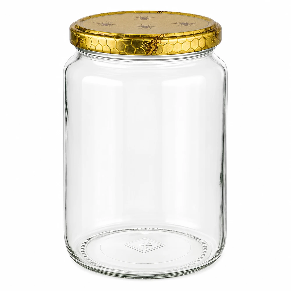 Pot à miel vide en verre de 1000g avec couvercle doré en nid d'abeille et motif d'abeille pour miel pot de stockage apicole