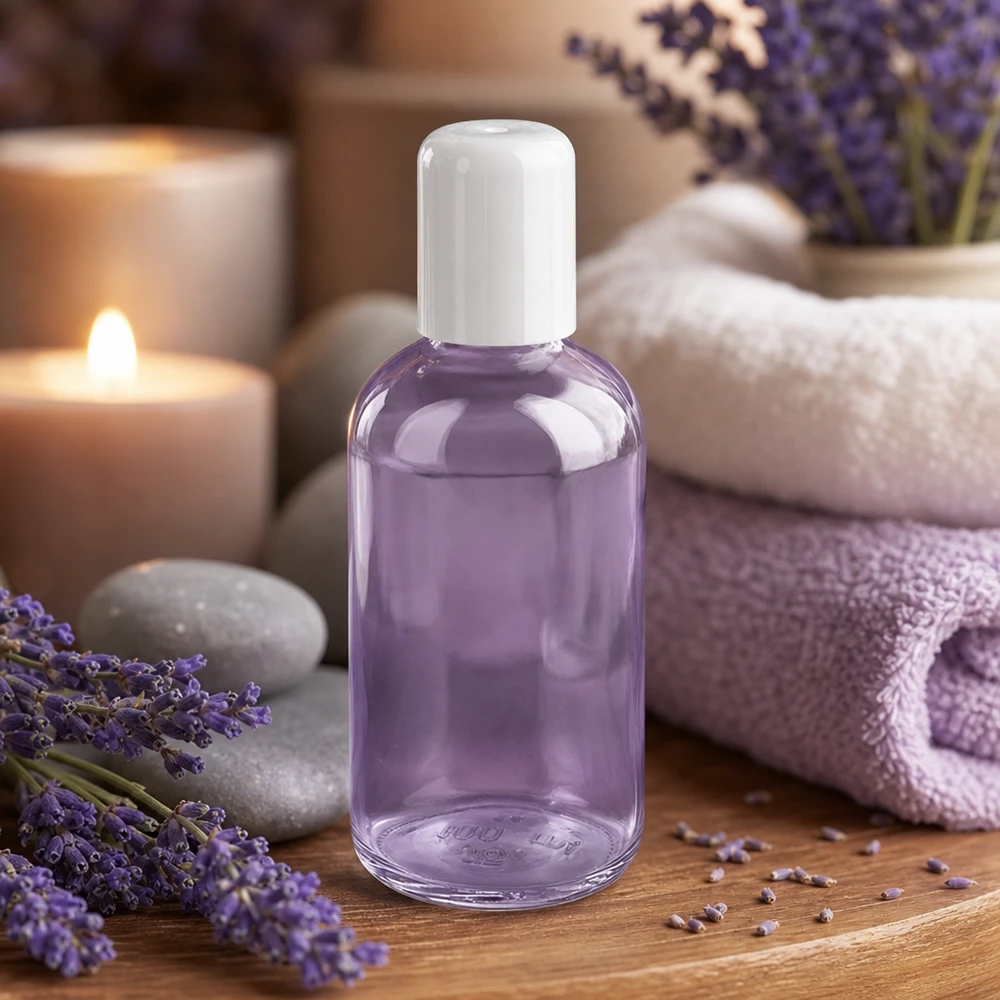 Flacon roll-on blanc ClearLine UT18/100 de 100 ml, rempli d'huile de lavande, dans un décor de spa