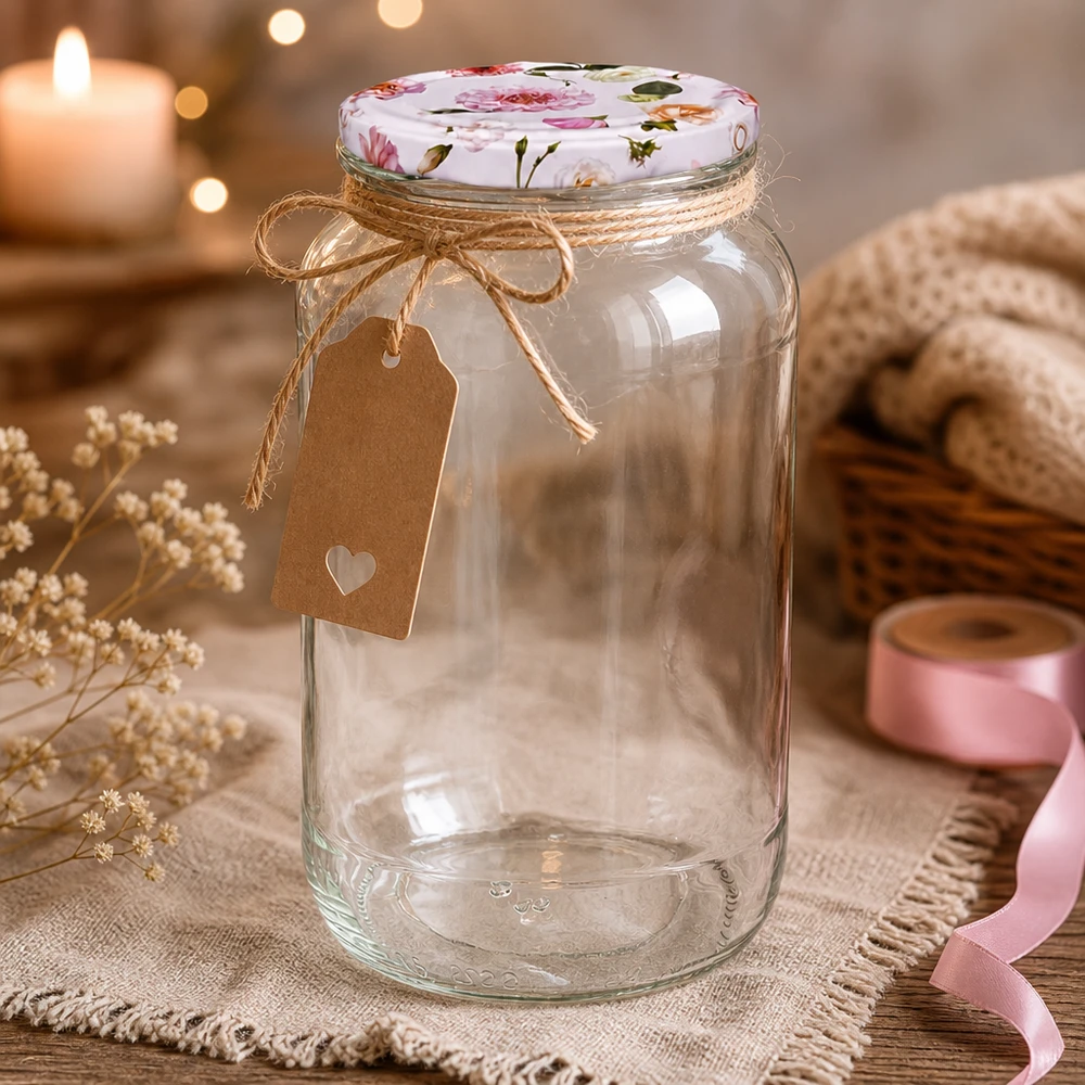 Verre rond décoratif de 1062 ml avec couvercle rose à fleurs BasicSeal et étiquette cadeau présentation rustique