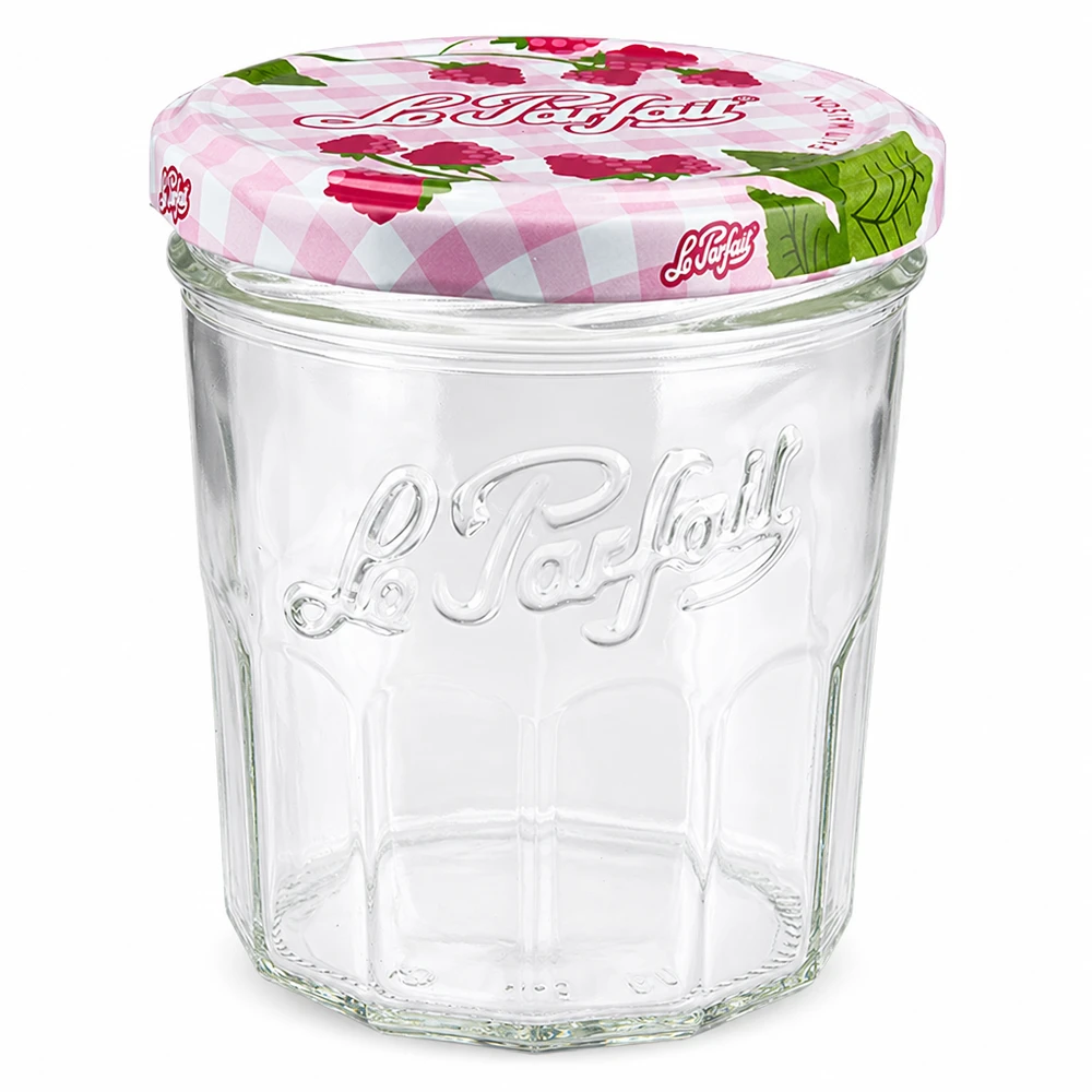 Pot à confiture Le Parfait vide de 324ml avec couvercle à visser au design framboise pour confitures et conserves