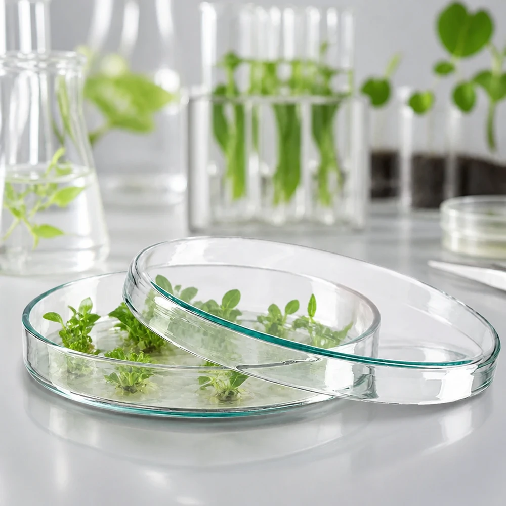 Boîtes de Pétri en verre transparent de 100 mm contenant des échantillons de plantes dans une solution nutritive vert clair