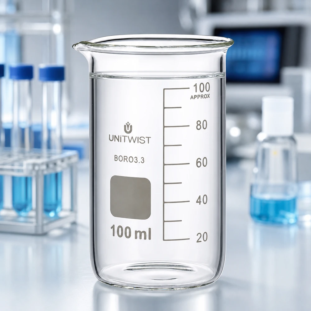 Verrerie de laboratoire UNITWIST : bécher de 100 ml, forme cylindrique haute, en verre borosilicaté transparent