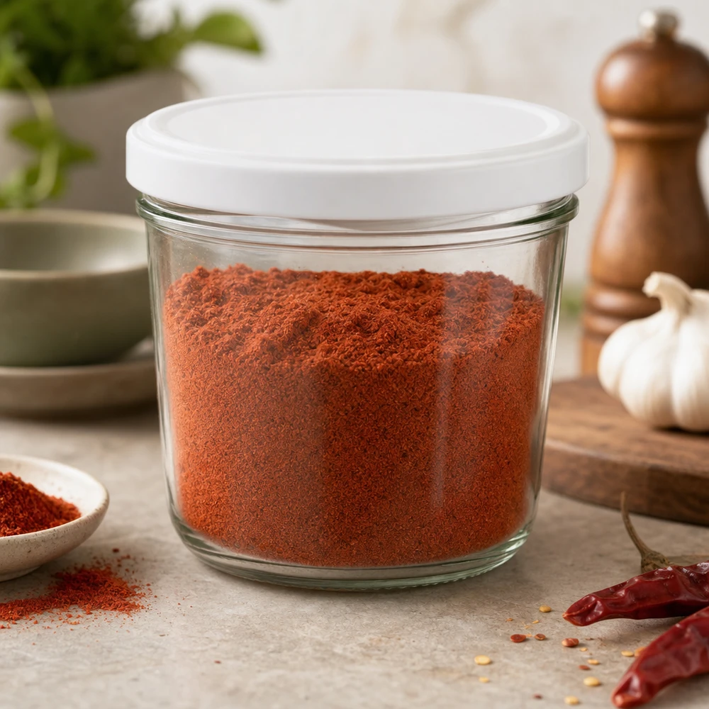 230ml Verre conique avec couvercle BasicSeal blanc UNiTWIST Le bocal en verre de 230 ml rempli de poudre de paprika montre une utilisation polyvalente pour les épices et les provisions de cuisine.
