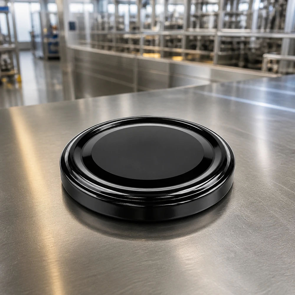 Couvercle rond noir UNiTWIST TO63 BioSeal, profil latéral, nervures filetées, unitemp, résistant à la chaleur