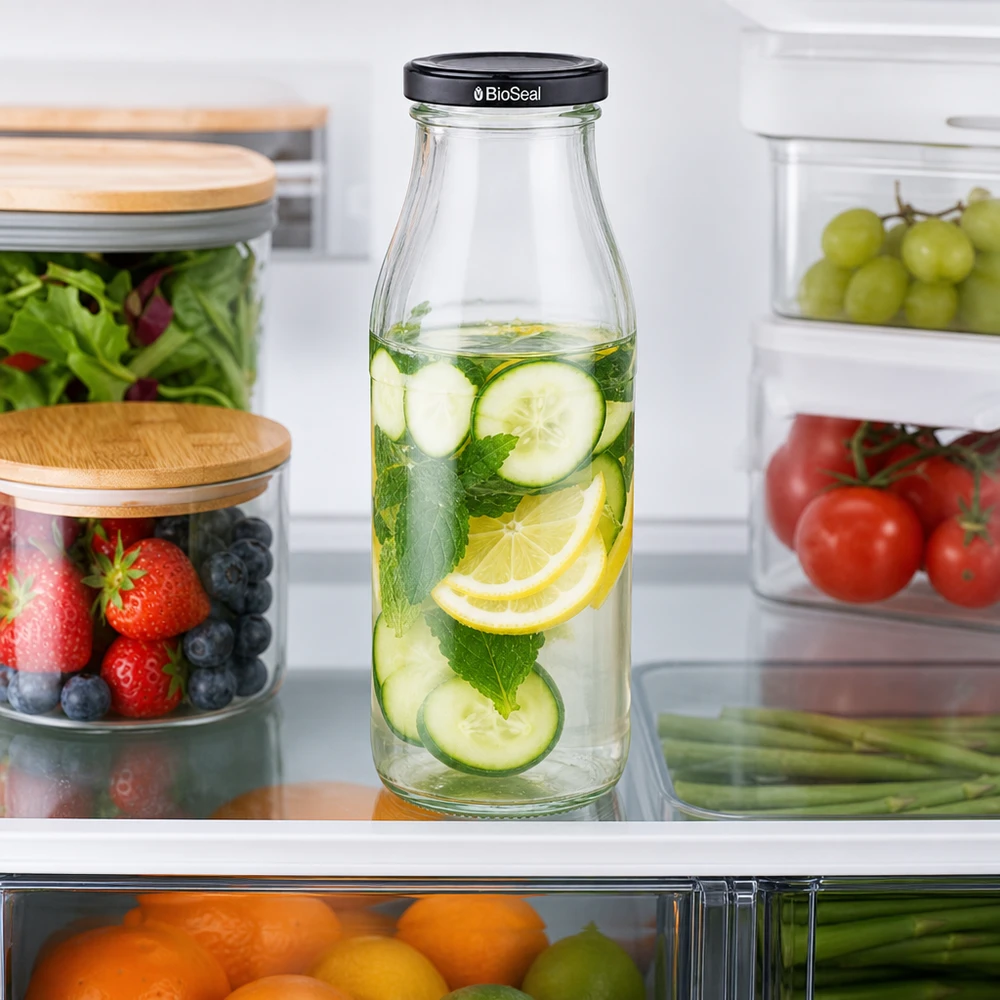 500ml Bouteille avec couvercle BioSeal noir UNiTWIST Bouteille en verre de 500 ml d'eau infusée au concombre et au citron dans le réfrigérateur à côté d'aliments frais dans des boîtes de conservation