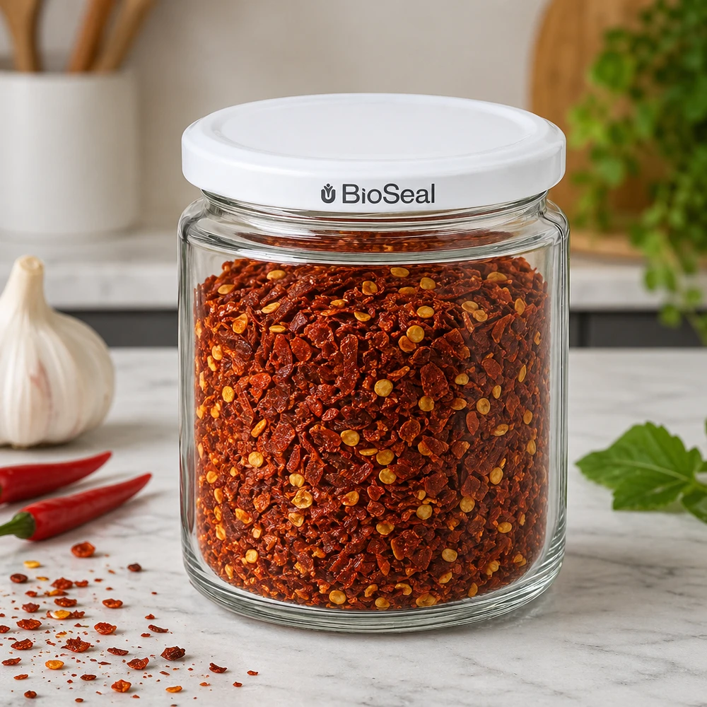 Pot de miel de 250 ml avec couvercle BioSeal rempli d'un mélange d'épices au chili comme rangement de cuisine sur plaque de marbre