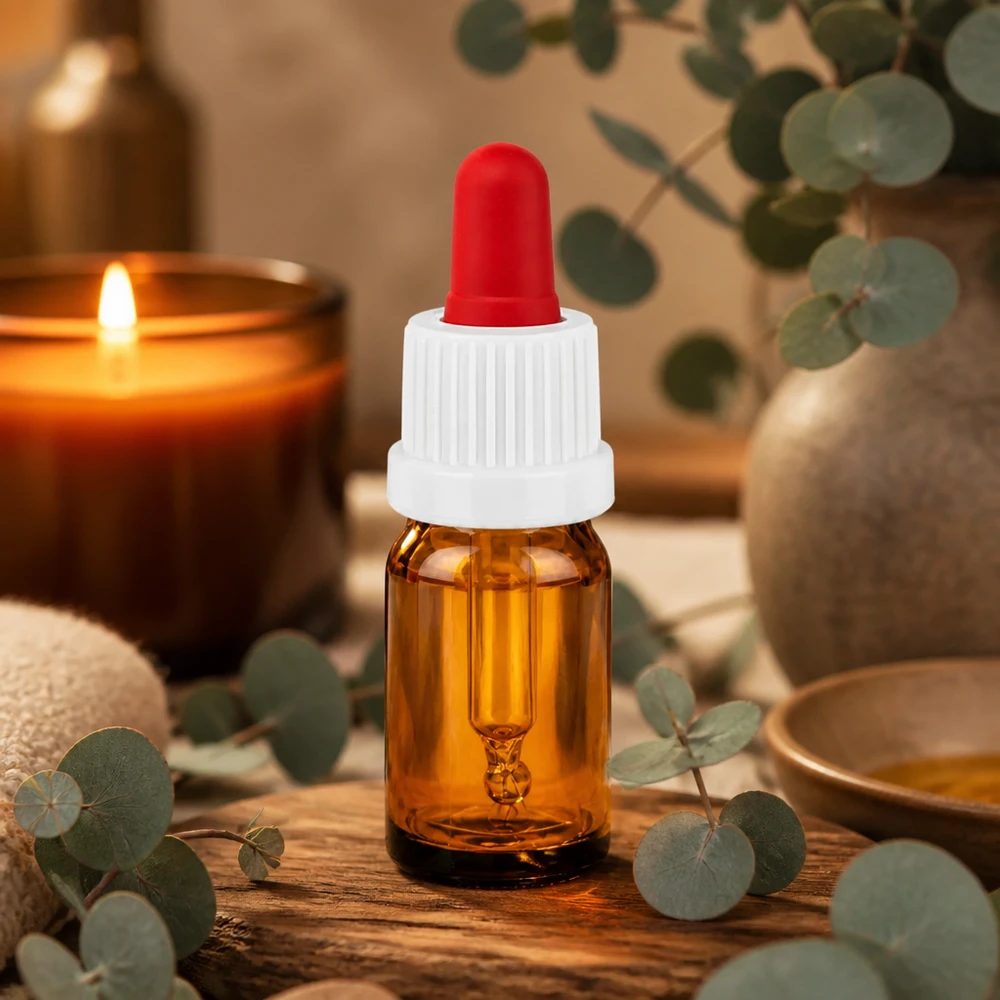 Flacon à pipette 5ml blanc/rouge OV BrownLine UT18/5 Petit flacon à pipette de 5ml en verre brun avec bouchon blanc-rouge pour huiles essentielles