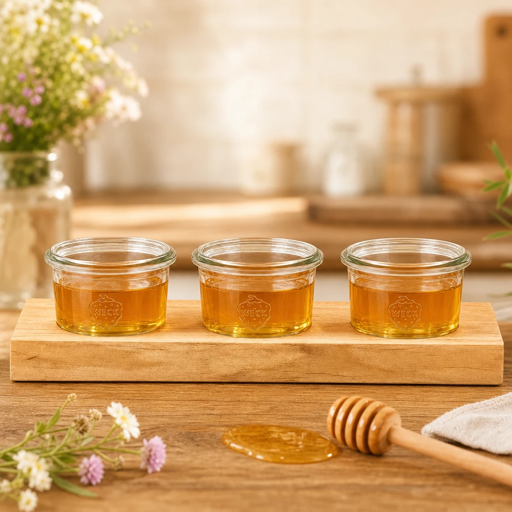 Plateau de service Plano3 avec 3 bocaux Weck de 80 ml Planche de service Plano3 avec 3 pots Weck de 80 ml remplis de miel doré à côté de cuillères à miel sur une table en bois