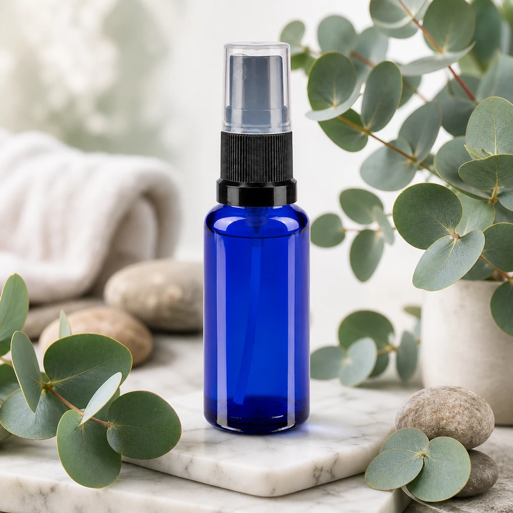 Petit flacon de pharmacie bleu de 30 ml muni d'un vaporisateur à pompe noir sur fond de marbre blanc