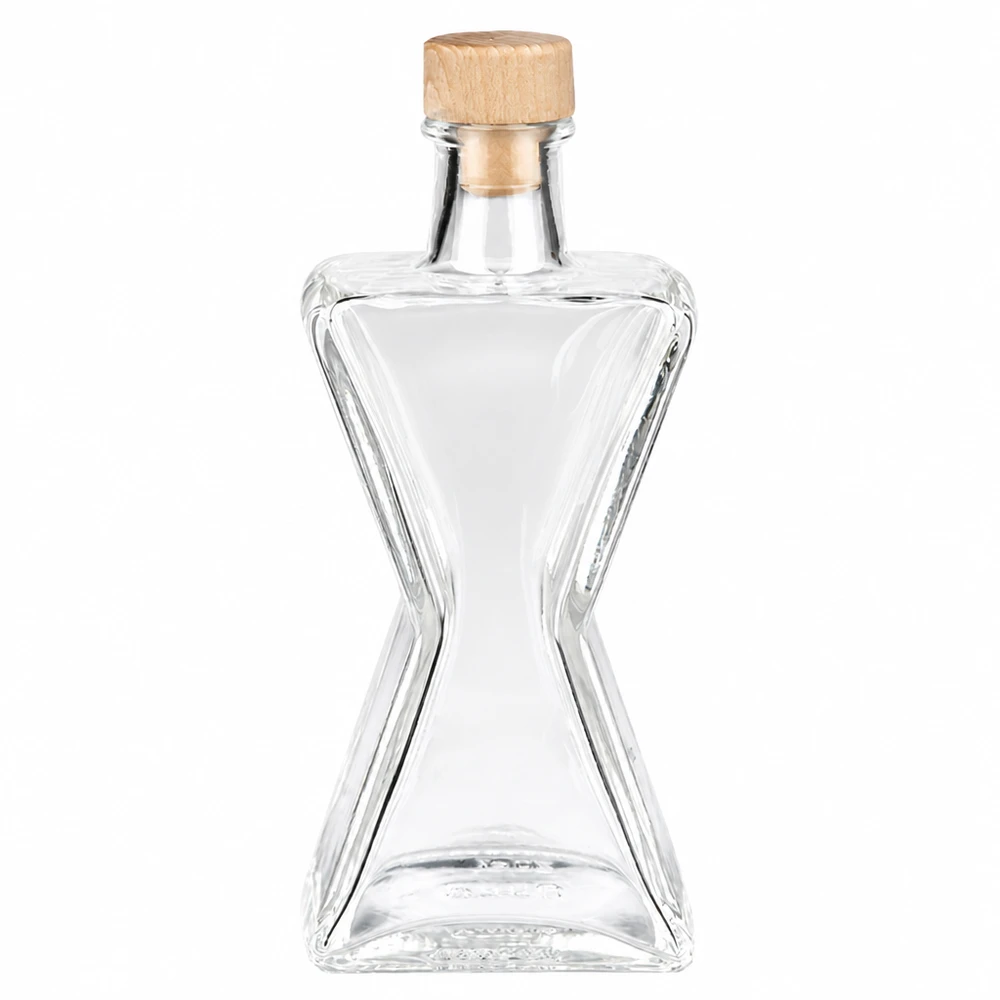 Bouteille en verre 200 ml « Star » avec bouchon en bois UNiTWIST® Bouteille en verre 200ml Star avec bouchon à poignée en bois UNiTWIST - élégante bouteille en forme d'étoile en verre transparent avec bouchon en bois