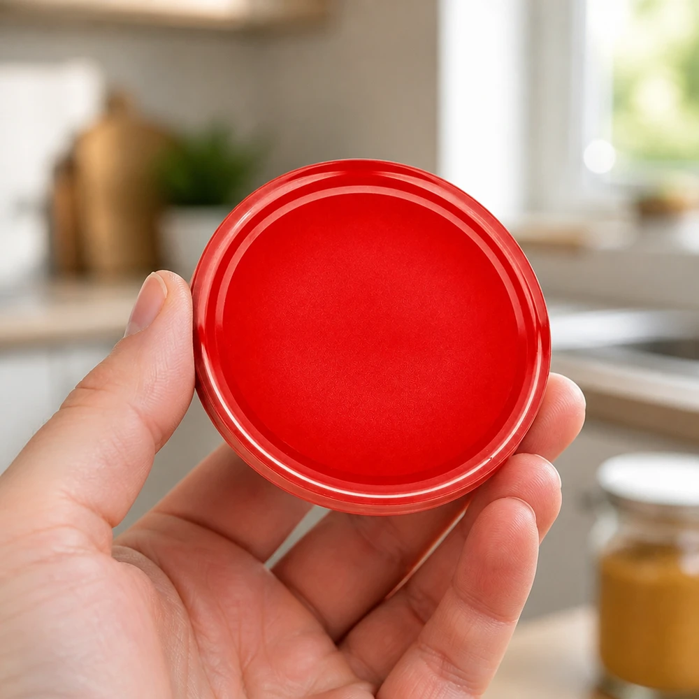 82mm BasicSeal bouchon rouge (TO82) UNiTWIST BasicSeal 82 mm, couvercle rouge TO82, prise en main, comparaison des tailles des couvercles de bocaux