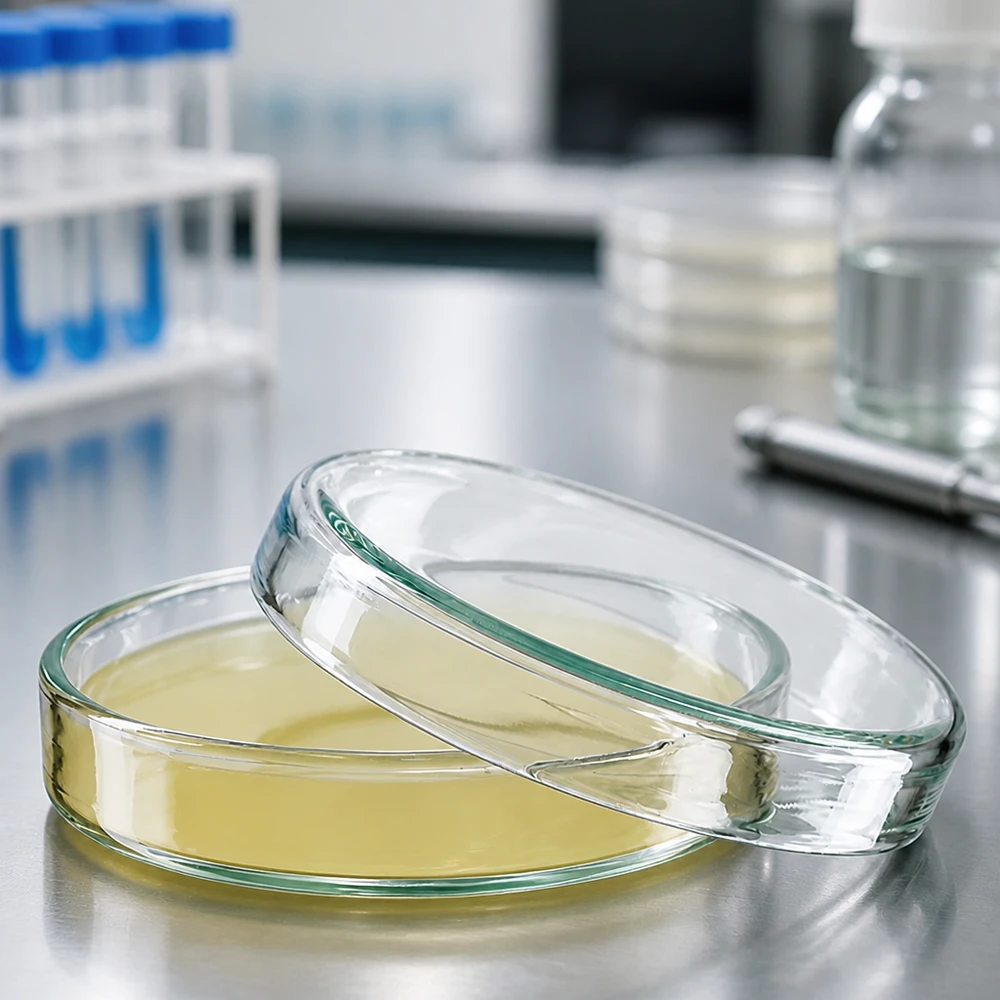 Boîte de Pétri ronde en verre borosilicaté, 60 x 15 mm, avec couvercle, posée sur un plan de travail de laboratoire en acier inoxydable