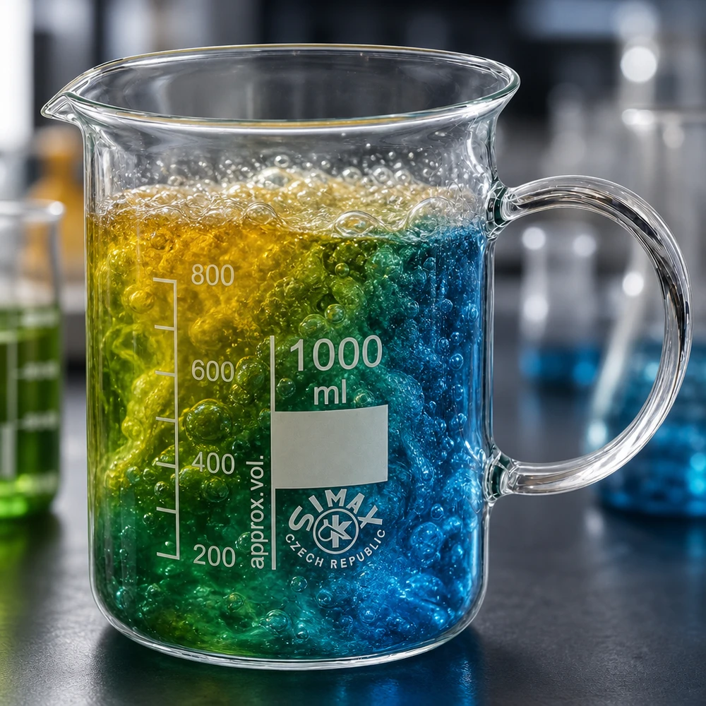 Bécher avec poignée 1000ml en verre borosilicate résistant à la chaleur (forme normale) Bécher de laboratoire Simax de 1000 ml avec une anse volumineuse et une réaction chimique provoquant la formation de bulles