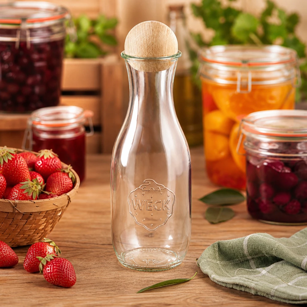 WECK Bouteille en verre 1062ml dans la cuisine avec pots de confiture fraises et bouchon boule en bois en hêtre