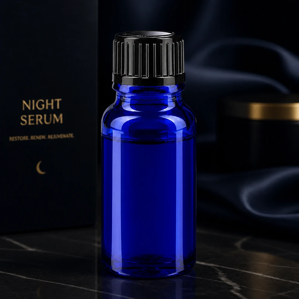 Flacon de pharmacie bleu 10ml bouchon vissable noir standart Flacon en verre avec protection UV, 10 ml, bleu, avec bouchon standard de 11 mm, pour sérum de soin de nuit