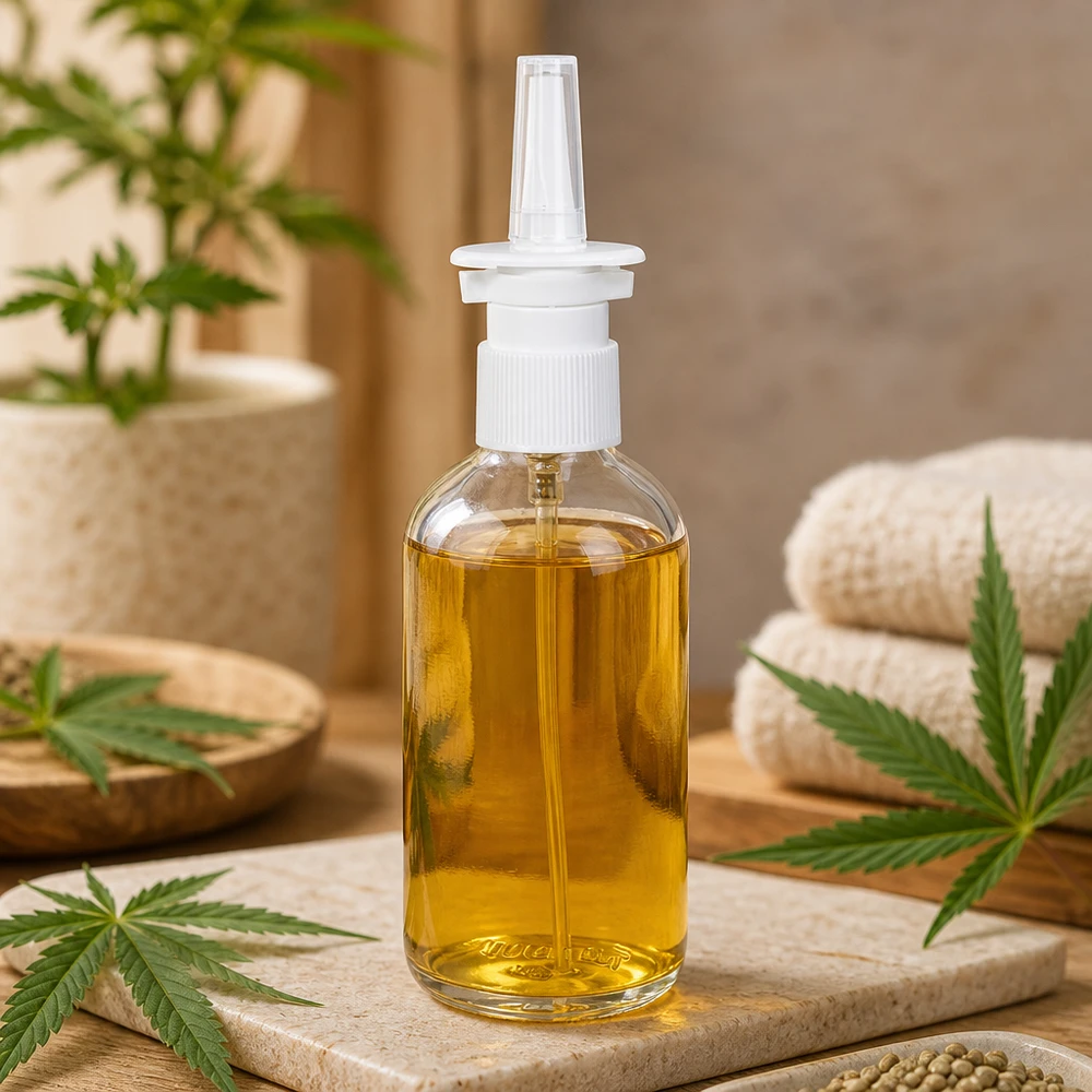 100ml flacon vaporisateur nasal blanc/tr. STD ClearLine UT18/100 Flacon de spray nasal ClearLine de 100 ml contenant de l'huile de CBD dorée et muni d'un embout nasal blanc