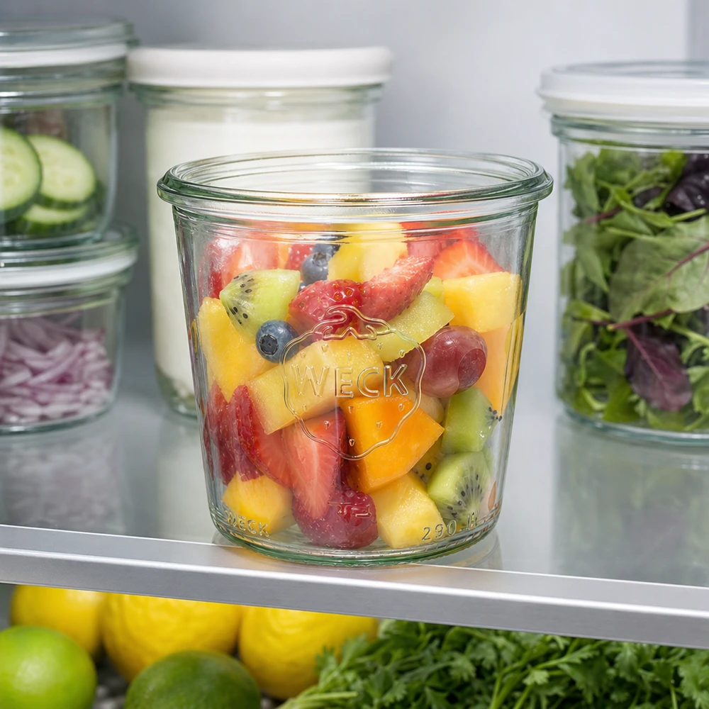 Bocal en verre de 290 ml, haut, WECK RR80 290ml WECK Pot renversé haut RR80 rempli de salade de fruits multicolore dans le réfrigérateur à côté d'autres bocaux de conservation