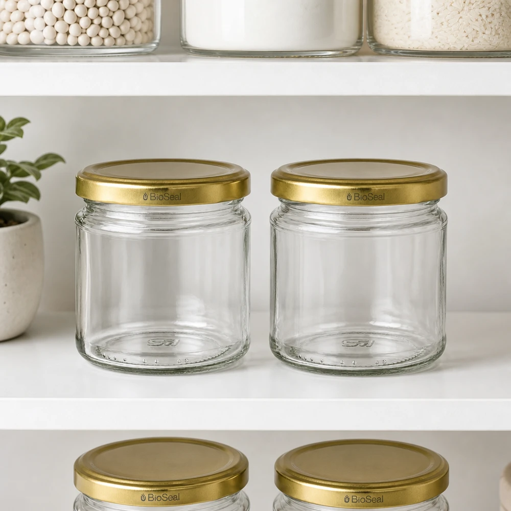212ml Verre rond avec couvercle BioSeal or UNiTWIST UNiTWIST Pot rond 212ml avec couvercle TO66 BioSeal doré dans le placard à provisions pour une conservation organisée de la cuisine
