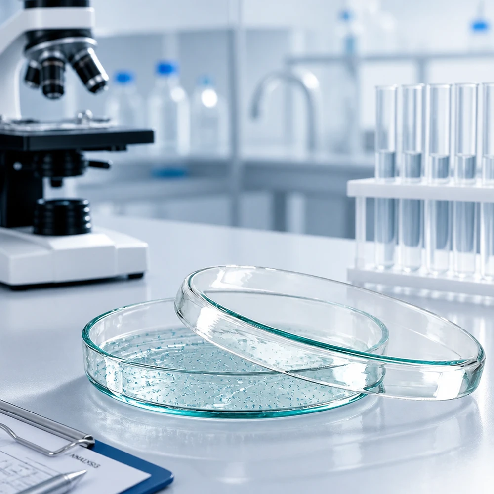 Deux boîtes de Pétri en verre transparent de 90 x 15 mm, légèrement décalées l'une par rapport à l'autre, posées sur une paillasse de laboratoire avec des tubes à essai