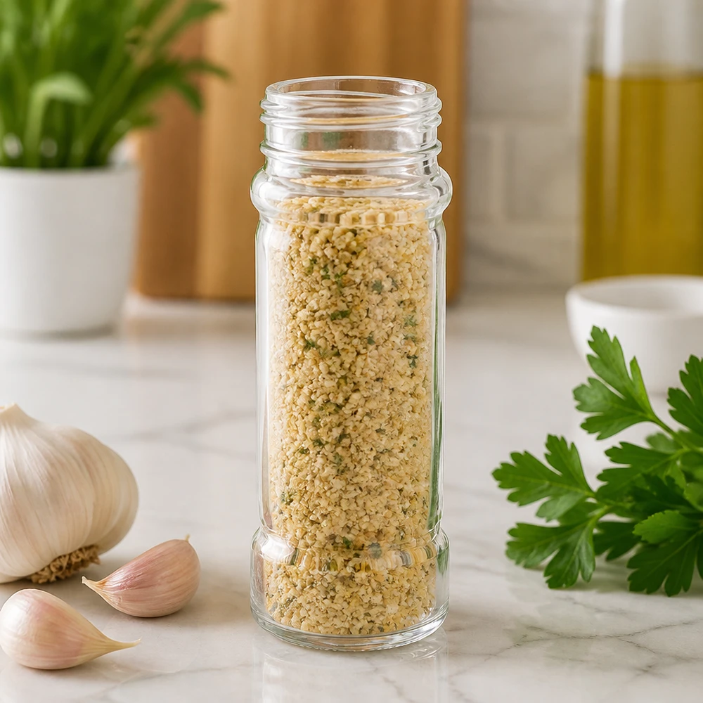 Pot à épices de forme cylindrique 100 ml avec filetage 41 mm, en verre clair sans couvercle Bocal cylindrique en verre transparent « Mary » de 41 mm, à filetage, contenant du sel aux herbes, dans une cuisine moderne