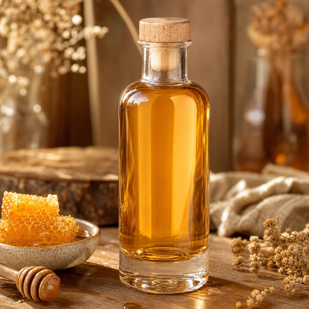 Bouteille Ella » avec bouchon en bois UNiTen verre 200 ml « WIST® Bouteille en verre Ella de 200 ml avec bouchon en bois remplie de miel à côté d'un nid d'abeille et d'une cuillère à miel sur une table en bois rustique