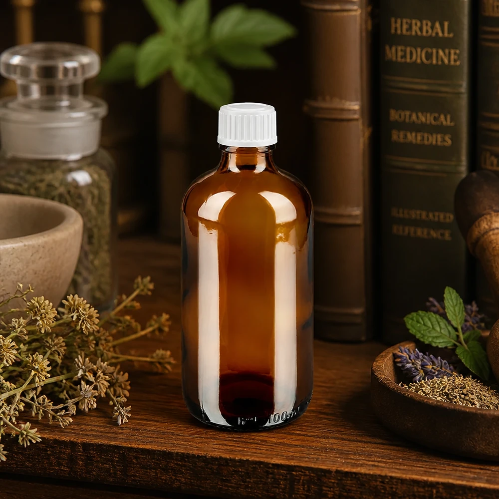 Petite bouteille en verre brun de 100 ml avec bouchon blanc à sécurité enfant pour remèdes naturels