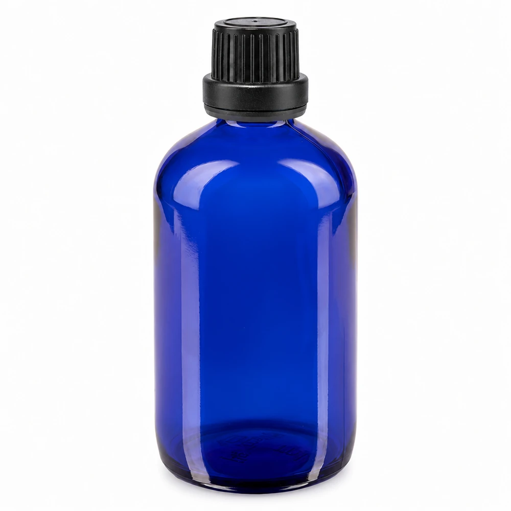 Flacon de pharmacie bleu 100ml bouchon vissable noir bouchon inviolabilité Flacon de pharmacie bleu de 100 ml, alternative au verre ambré, avec bouchon d'origine à sécurité enfant