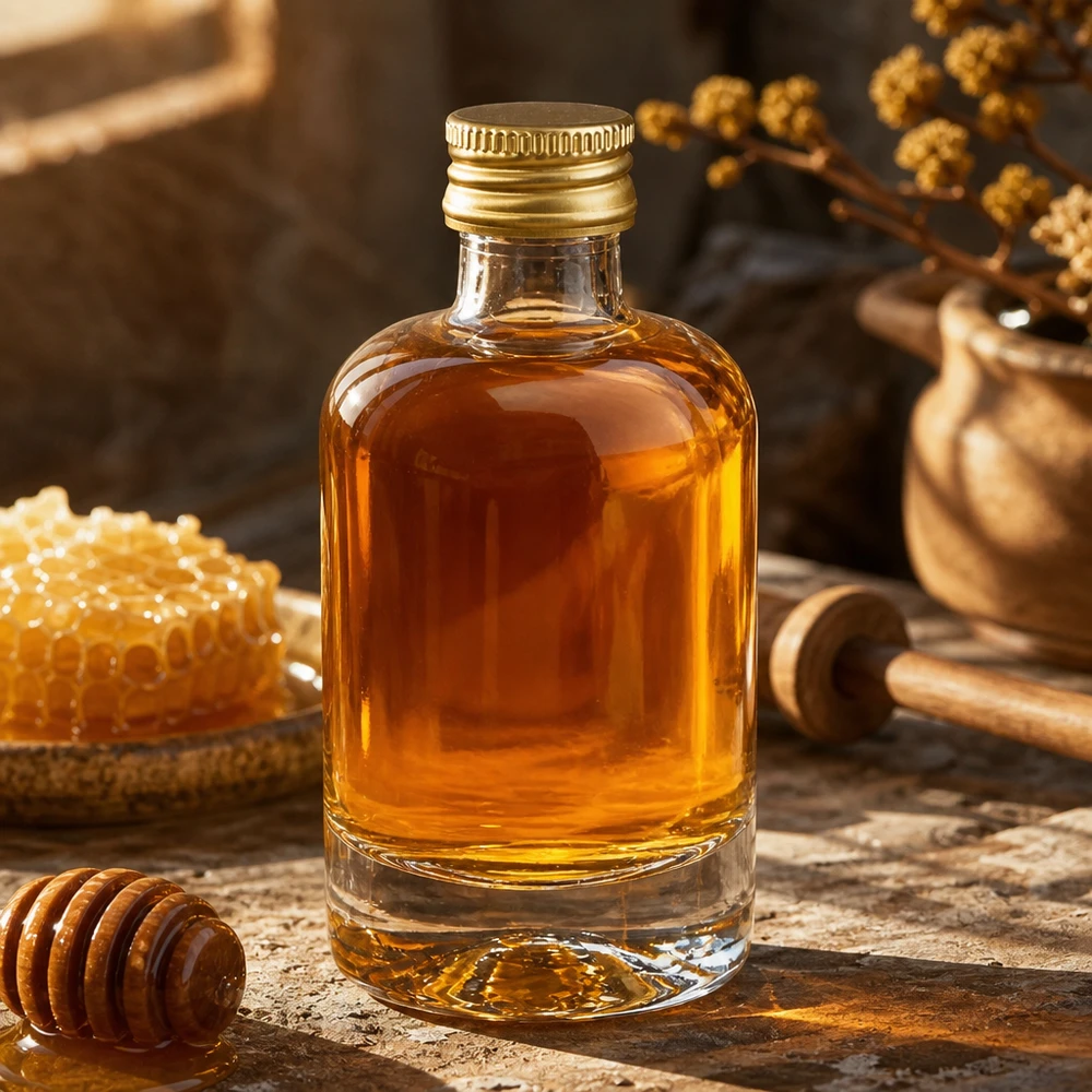 Flacon en verre Sara de 40 ml rempli de miel - bouchon doré UNiTWIST à côté du nid d'abeille et de la cuillère à miel