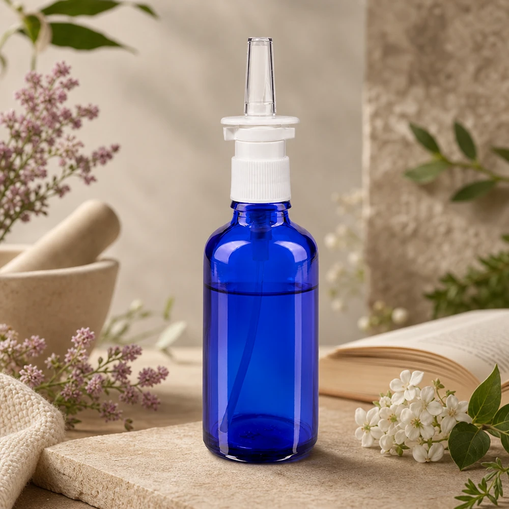 Flacon de pharmacie bleu 50ml vaporisateur nasal blanc Std Flacon en verre bleu cobalt avec protection contre les UV, 50 ml, muni d'un embout transparent, destiné aux applications pharmaceutiques