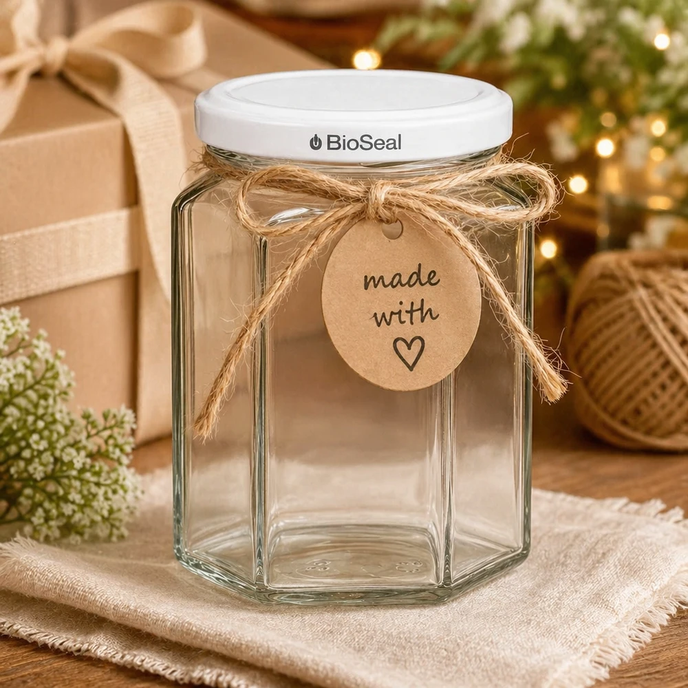 UNiTWIST Hexa288 Pot de conservation vide avec couvercle blanc TO63 BioSeal et étiquette cadeau pour les cadeaux DIY