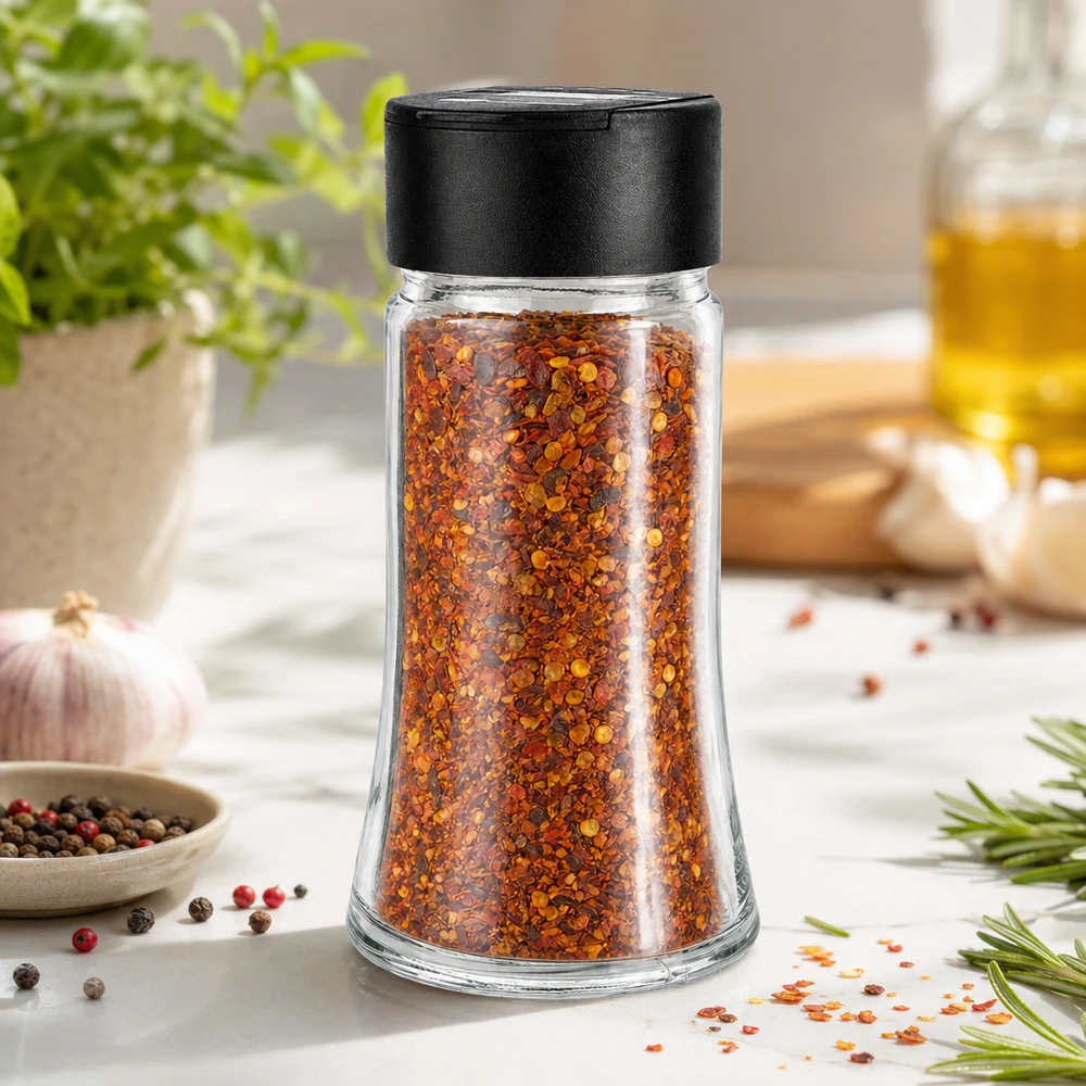 Pot à sel/épices 95 ml avec double saupoudreuse noire Pot à épices compact de 95 ml avec double saupoudreuse, rempli de flocons de paprika rouge