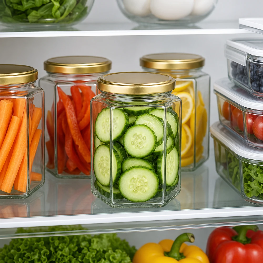 Meal-Prep avec pot de miel de 500g BasicSeal UT couvercle doré comme récipient de stockage pour les concombres carottes poivrons dans le réfrigérateur