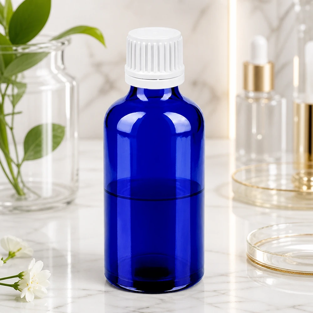 Flacon 50ml 11mm SV blanc OV BlueLine UT18/50 Bouteille de pharmacie pratique de 50 ml en bleu classique, idéale pour les cosmétiques DIY et les sérums