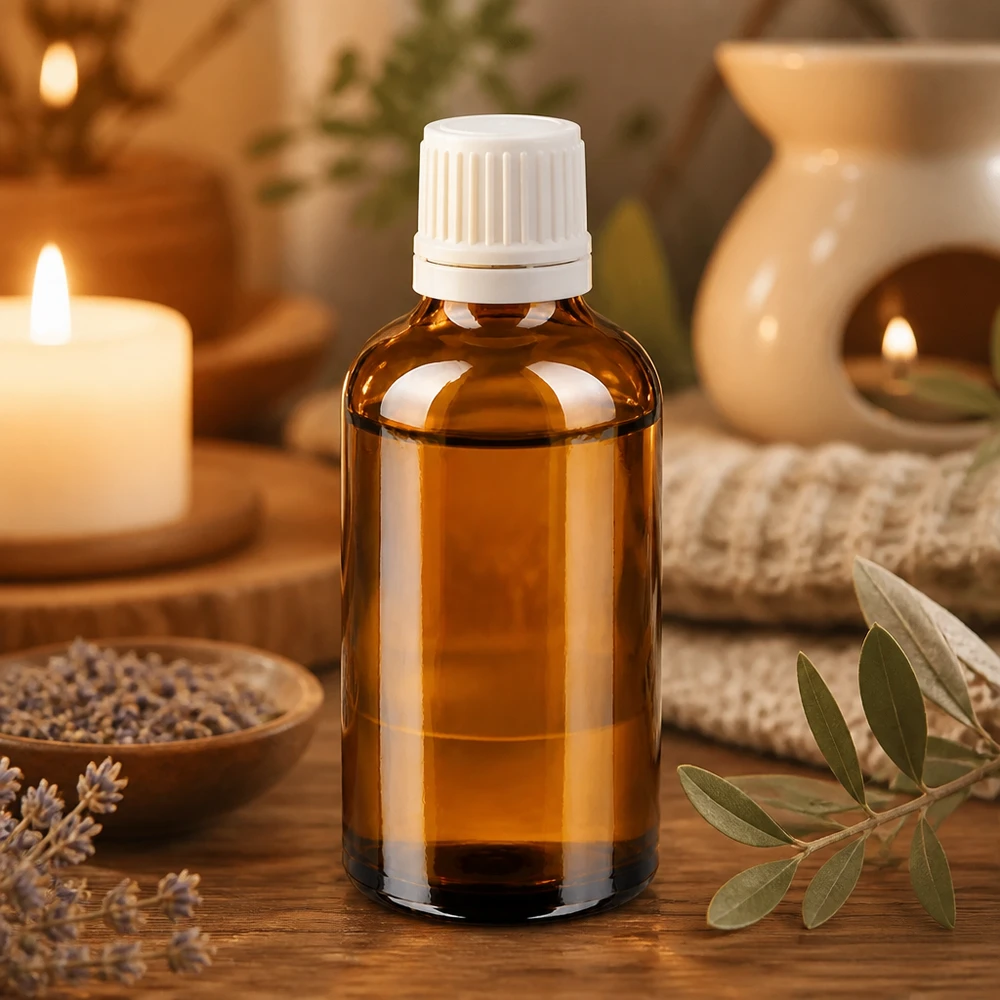 Petit flacon de pharmacie de 50 ml en verre ambré avec bouchon de sécurité enfant blanc