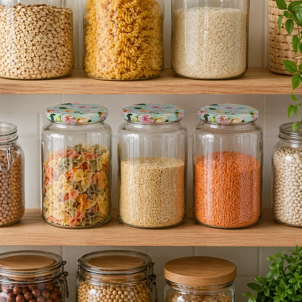 Organisation de l'office avec des bocaux ronds de 795ml menthe-couvercle à fleurs, remplis de pâtes, lentilles et céréales dans l'armoire à provisions