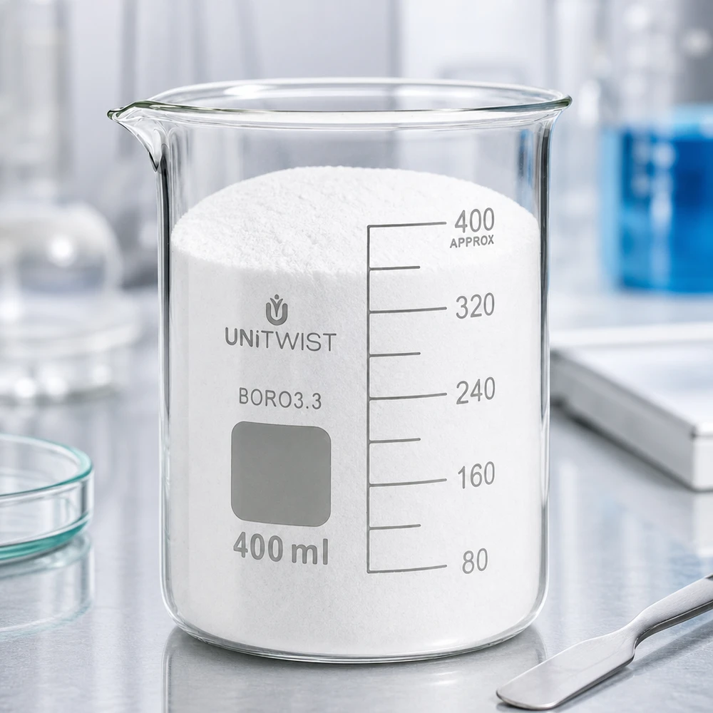 Beker 400ml borosilicaat, lage vorm UNiTWIST UNiTWIST : bécher en verre de 400 ml, de forme basse, débordant de poudre de laboratoire blanche