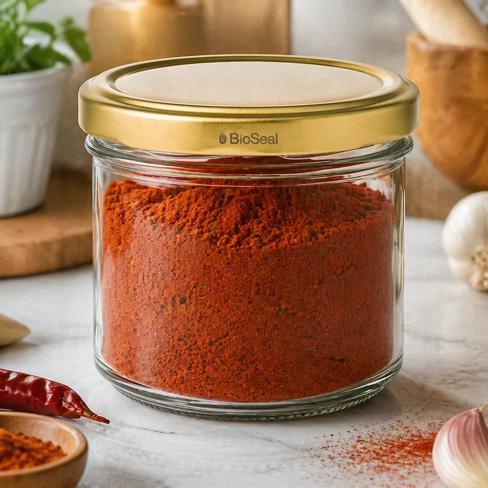 125ml Verre conique avec couvercle BioSeal or UNiTWIST UNiTWIST Pot de conserve 125ml rempli de poudre de paprika - couvercle TO66 doré dans une ambiance de cuisine