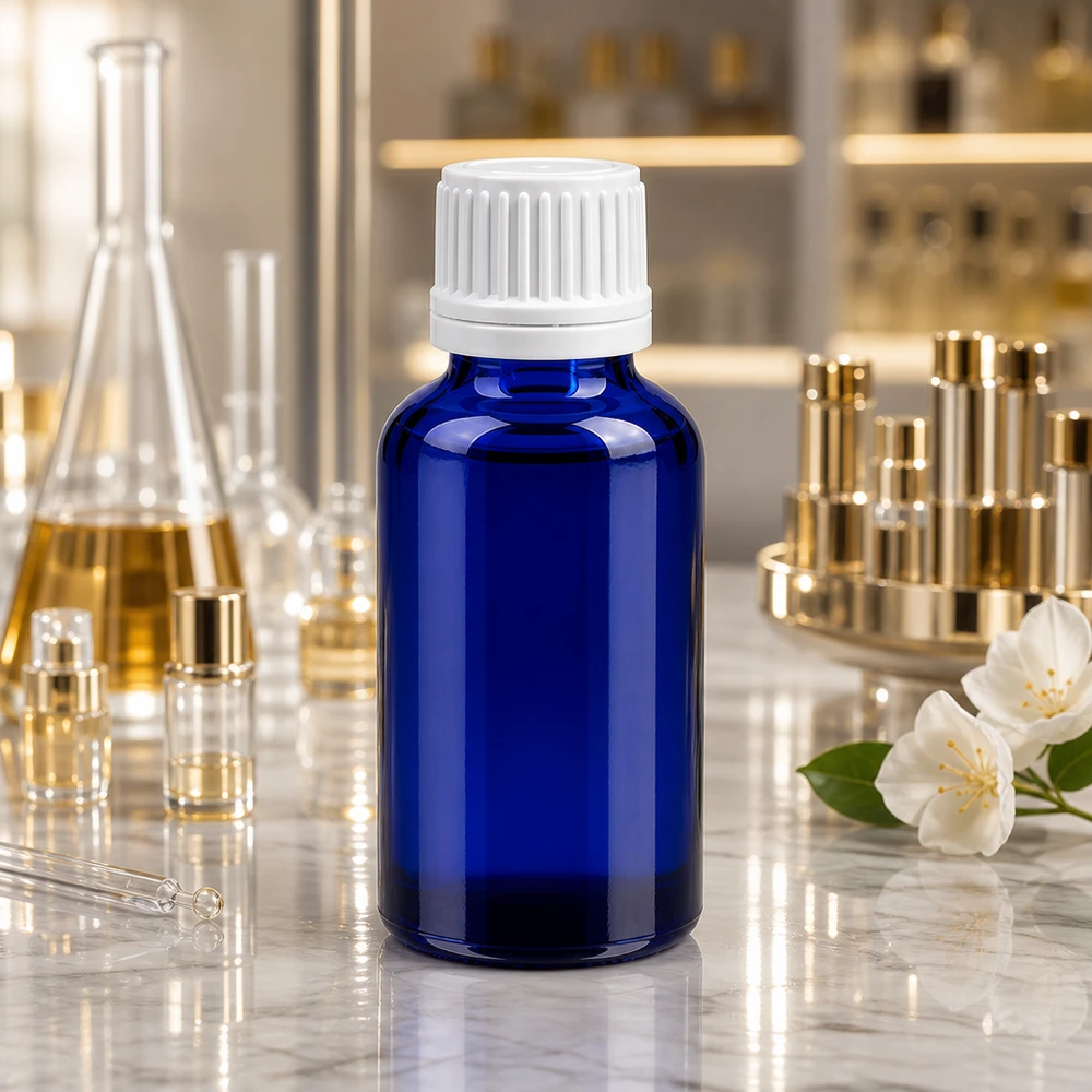 Flacon 30ml 11mm SV blanc OV BlueLine UT18/30 Flacon en verre bleu foncé de 30 ml avec bouchon blanc pour usage pharmaceutique