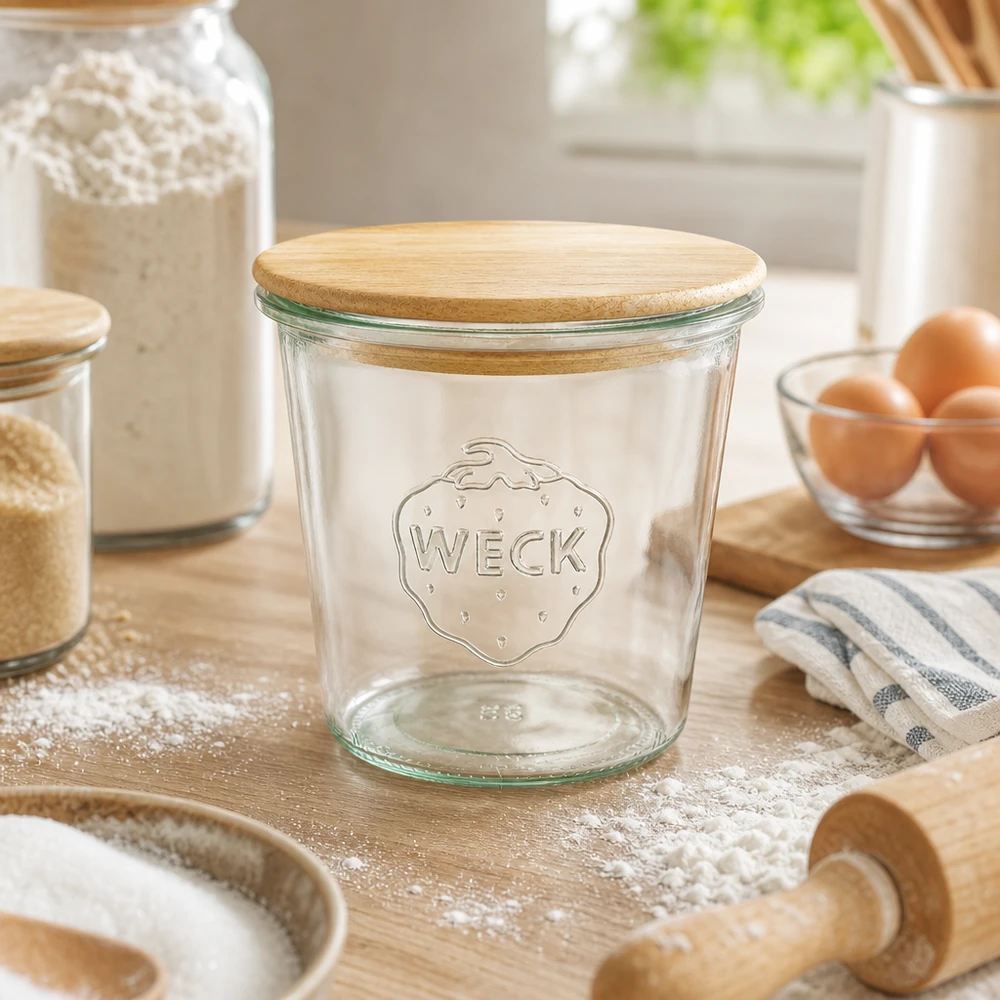 580ml bocal conique WECK RR100 avec couvercle en bois WECK Verre renversé 580ml vide avec couvercle en bois dans la cuisine sur la table en bois saupoudrée de farine entre les accessoires de cuisson et les œufs