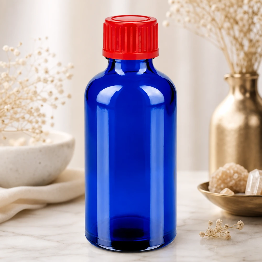 Flacon de 50ml 11mm SV rouge STD BlueLine UT18/50 Flacon de précision 50ml avec protection UV par verre bleu et bouchon rouge étanche UT18/50