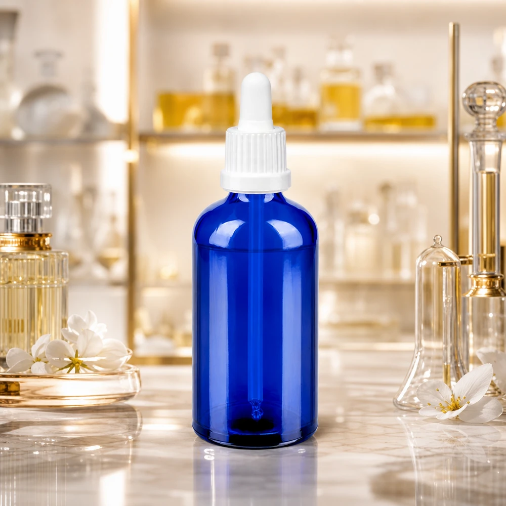 Flacon à pipette 100ml blanc OV BlueLine UT18/100 Elégant flacon pipette 100ml bleu cobalt avec bouchon blanc ergonomique