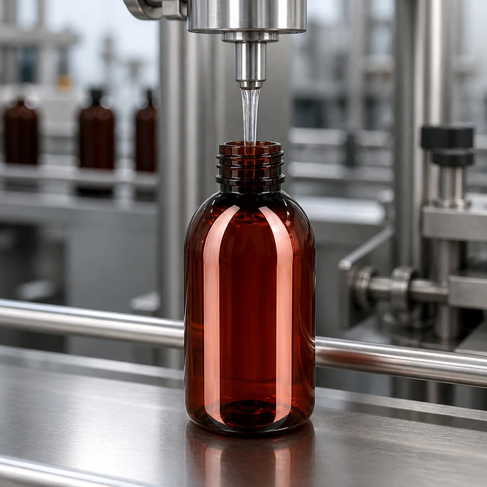 Bouteille PET 250ml avec bouchon marron,bouchon d'inviolabilité Braune PET Rundflasche 250ml mit Schraubgewinde wird maschinell in Fabrik befüllt
