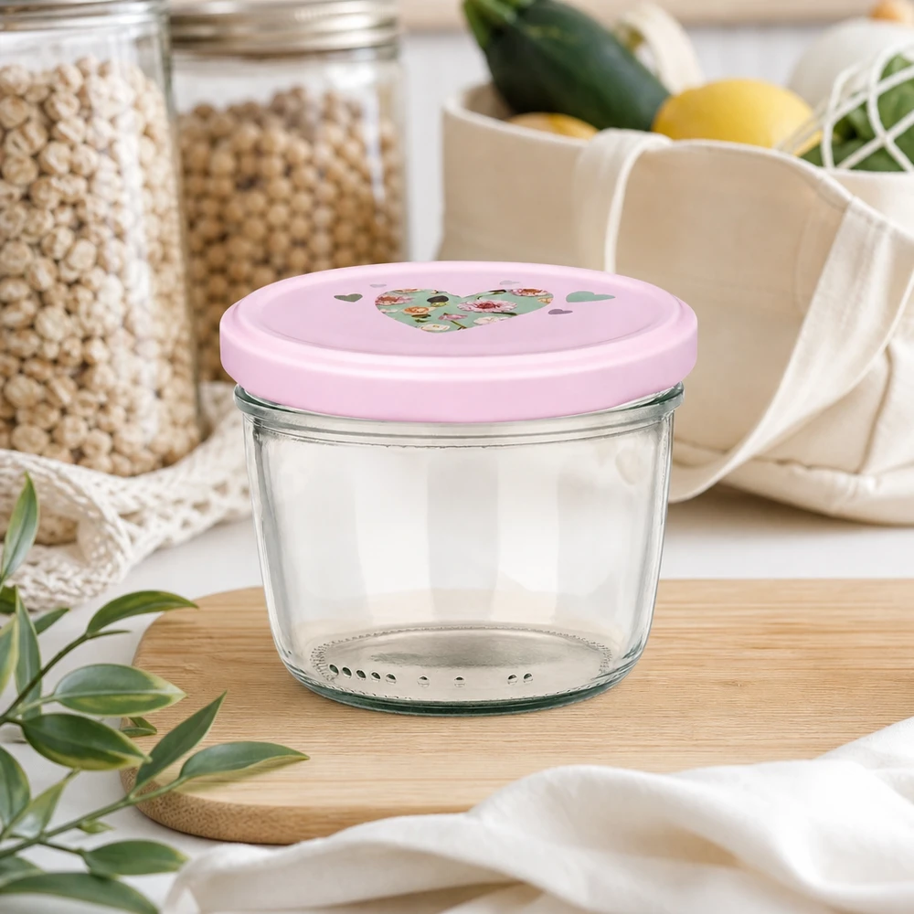 Verres de 230 ml + couvercle BasicSeal cur rose UNiTWIST Pot vide renversé 230ml avec couvercle rose en forme de cœur sur planche en bois dans la cuisine durable Zero-Waste avec bocaux à provisions