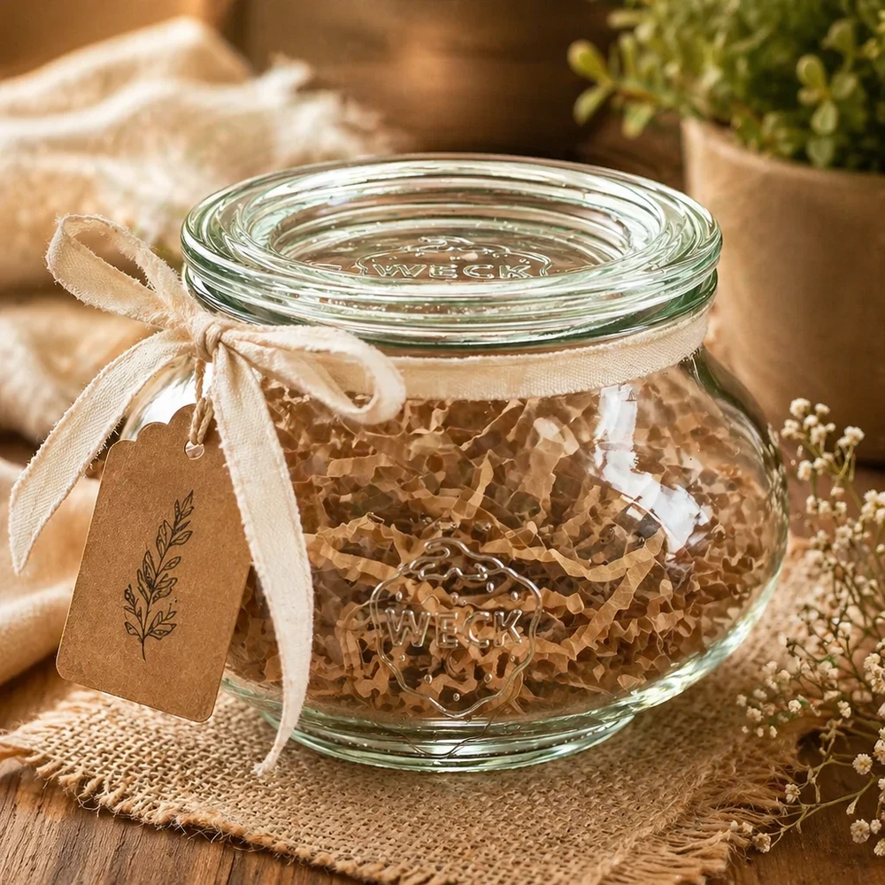 WECK Verre à bijoux 220ml RR60 décoratif rempli de petits morceaux de liège Emballage cadeau noeud Pendentif en papier kraft