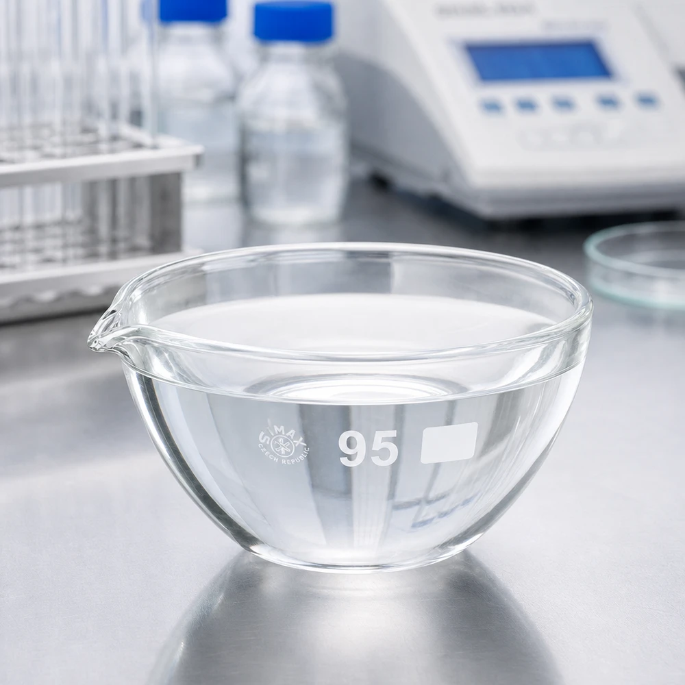 Capsule d’évaporation 170 ml en verre borosilicate, avec bec verseur Cuvette d'évaporation compacte de 95 mm avec bec verseur en verre borosilicaté pour les petites quantités d'échantillons