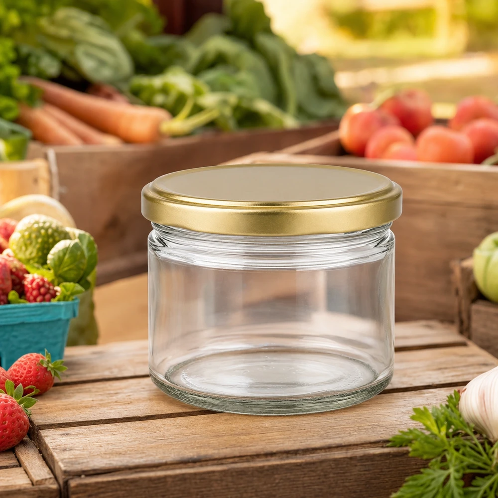 Pot de miel BasicSeal de 700g vide avec couvercle doré sur planche en bois entouré de fruits et légumes frais du marché