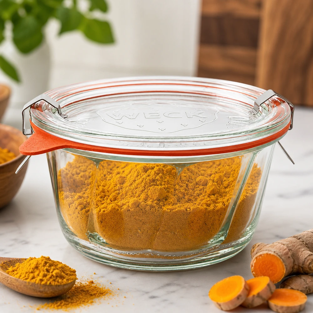 WECK Pot à kouglof 280ml RR100 pour la conservation des épices rempli de poudre de curcuma à côté de racines de curcuma fraîches