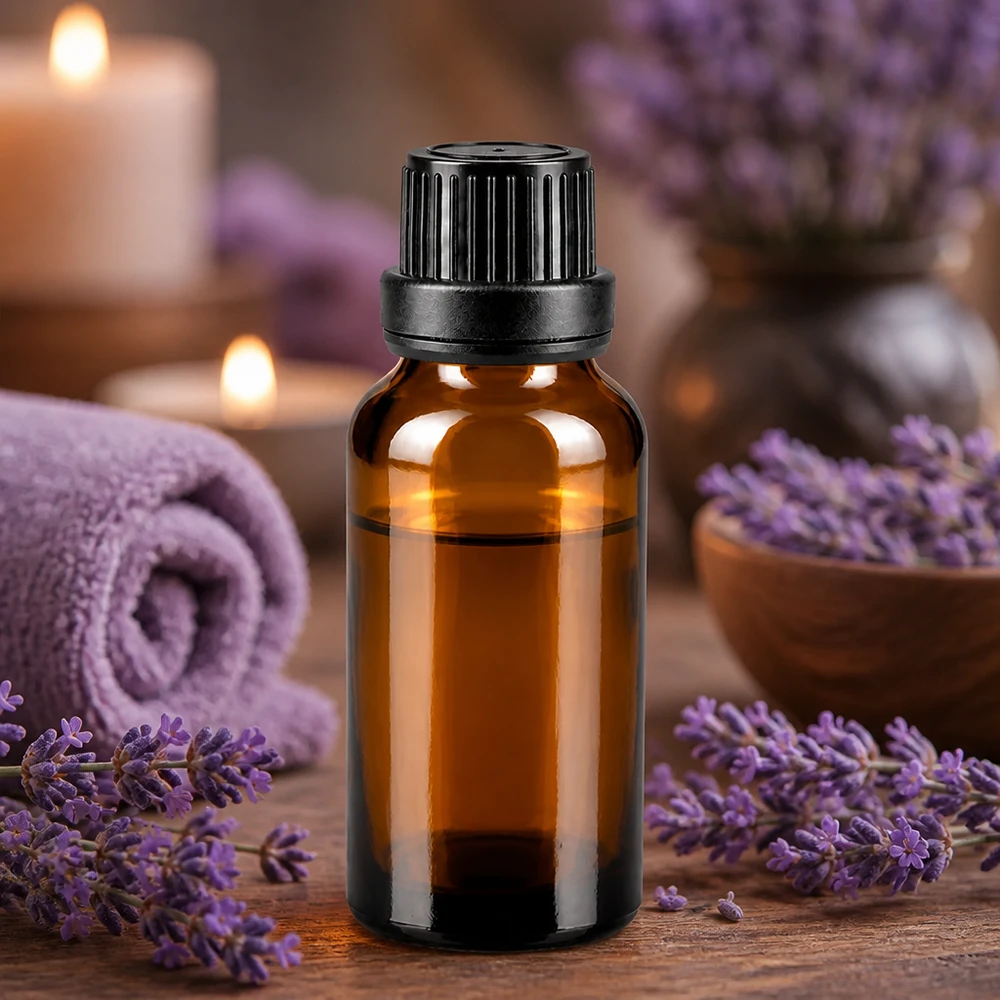 Flacon en verre de 20 ml, couleur ambre, avec compte-gouttes de 2 mm et bouchon OV pour l'aromathérapie